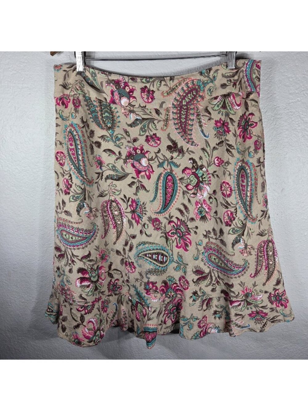 East 5th Petite A-Line Linen Blend Midi Skirt Size 16 Pasley Pattern Tan Pockets